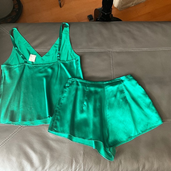VTG 90s Victoria’s Secret Silk Emerald Green 3 Pc Lingerie Set Siren Honeymoon M - Picture 9 of 13